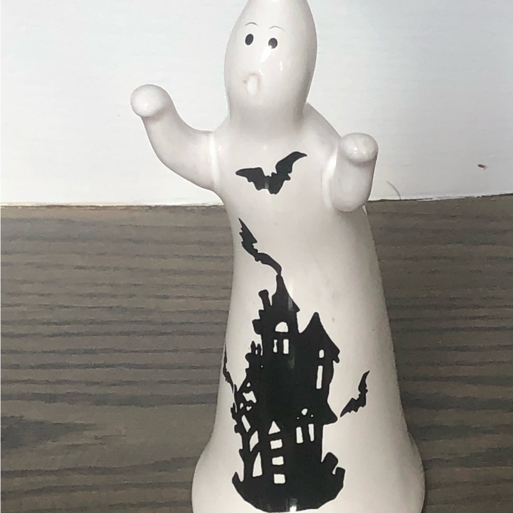 Halloween Ceramics Ghost W/ House $ Bates 8 3/8”